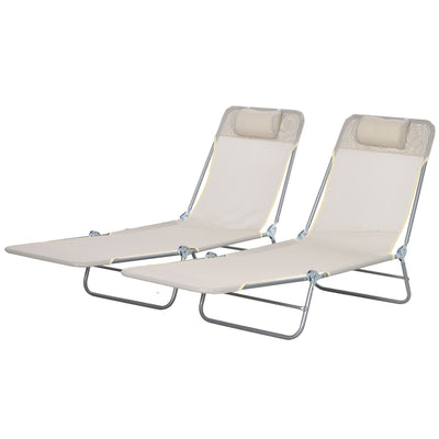 Outsunny Set of 2 Folding Chaise Lounge Chairs, Outdoor Poolside Sun Tanning Chairs w/ Pillow, Reclining Backrest, Cream White 