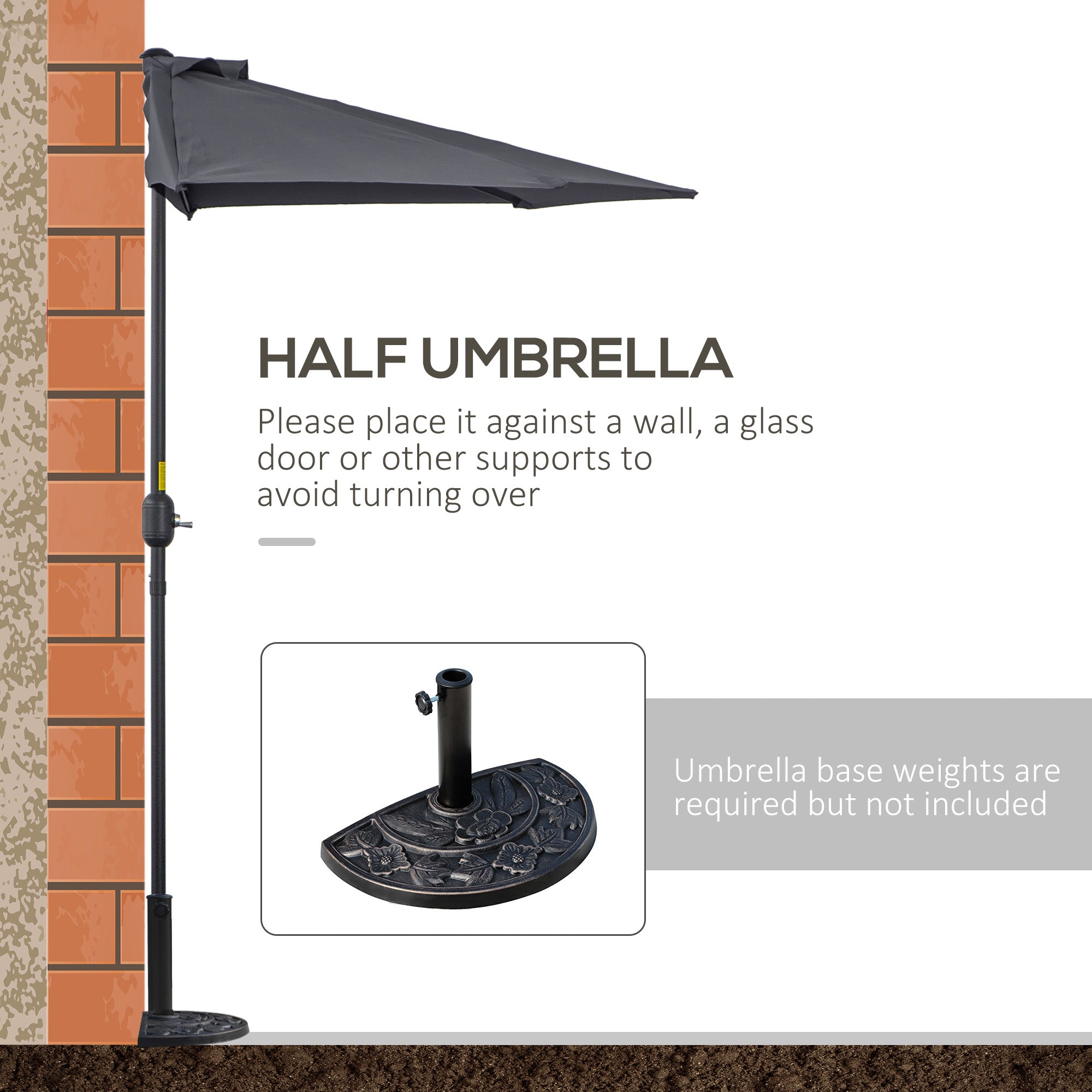 Outsunny Patio Parasol: 9.8ft Semi Round Garden Balcony Crank Handle Grey 