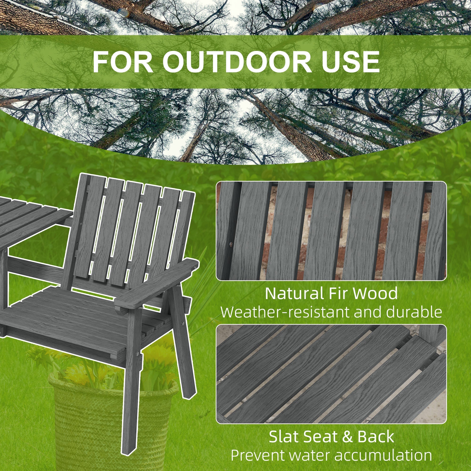 Outsunny Garden Bench for 2 Persons with Middle Table and Umbrella Hole, 2-Seater Outdoor Wooden Bench with Slat Design, Grey 