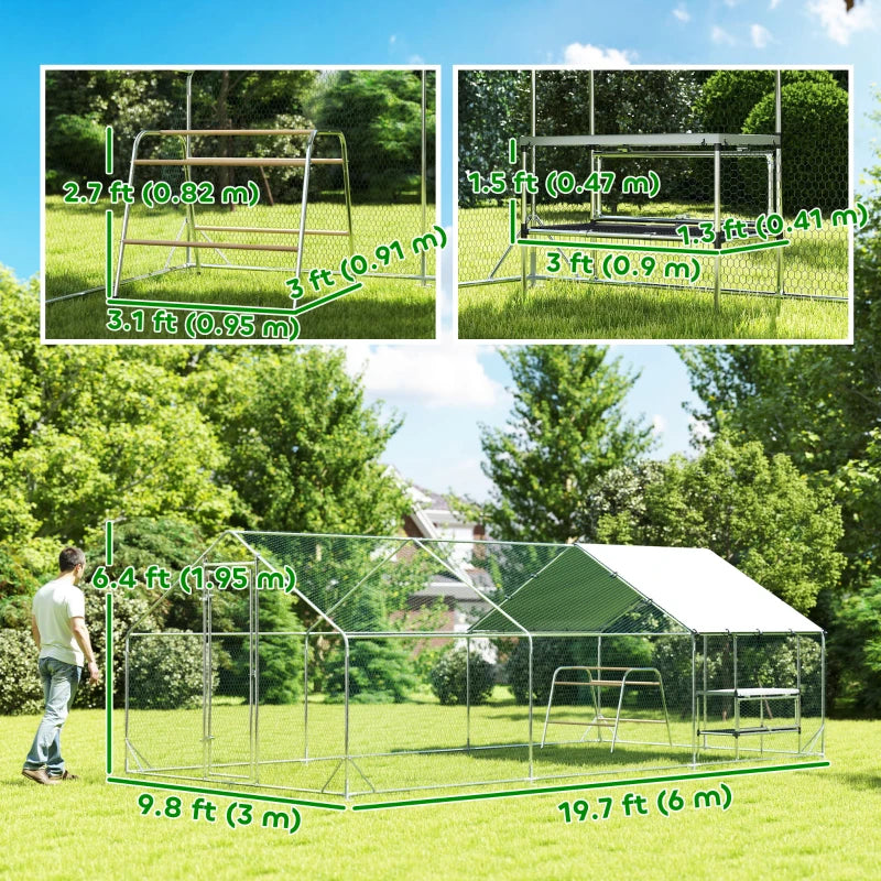 Metal Chicken Coop Run w/ Waterproof Cover, Nesting Box, Roosting Bars, for Outdoor Backyard, 9.8 x 19.7 x 6.4 ft