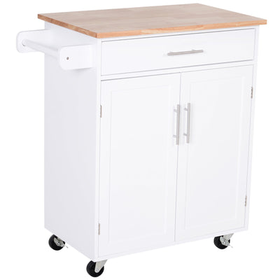 HOMCOM Wooden Kitchen Island Cart: White Rolling Serving Trolley with Storage Drawer, Towel Bar & Wheeled Mobility 