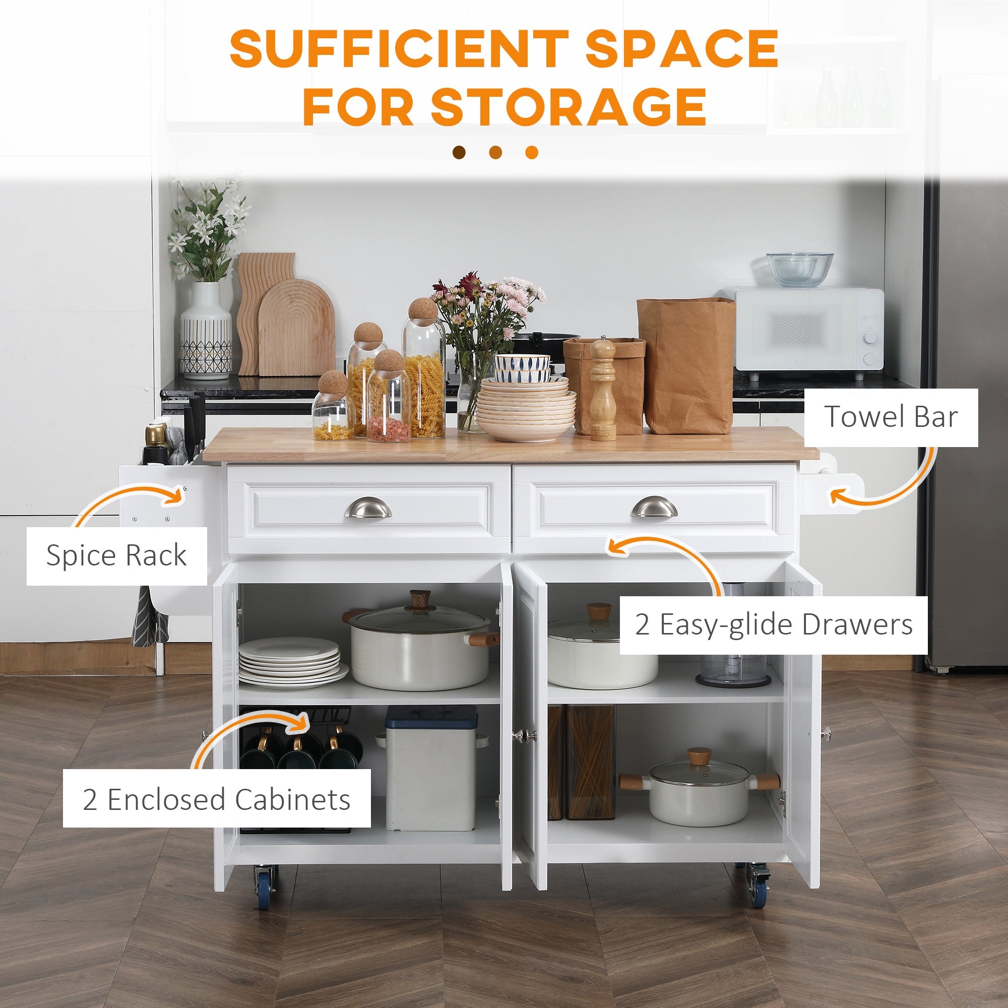 HOMCOM Rolling Kitchen Island on Wheels Utility Cart with Drop-Leaf and Rubber Wood Countertop, Storage Drawers, Door Cabinets, White 