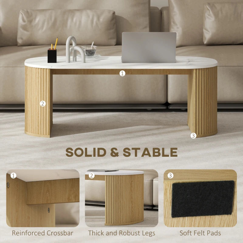 Coffee Table, Modern Marble-Effect Living Room Table with Round Corners and Thicken Legs, Natural Wood