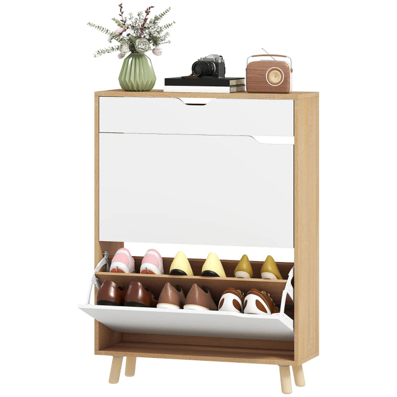 Narrow Shoe Cabinet for Entryway with 2 Flip Drawers, Top Drawer and Adjustable Shelves for 12 Pairs of Shoes, White
