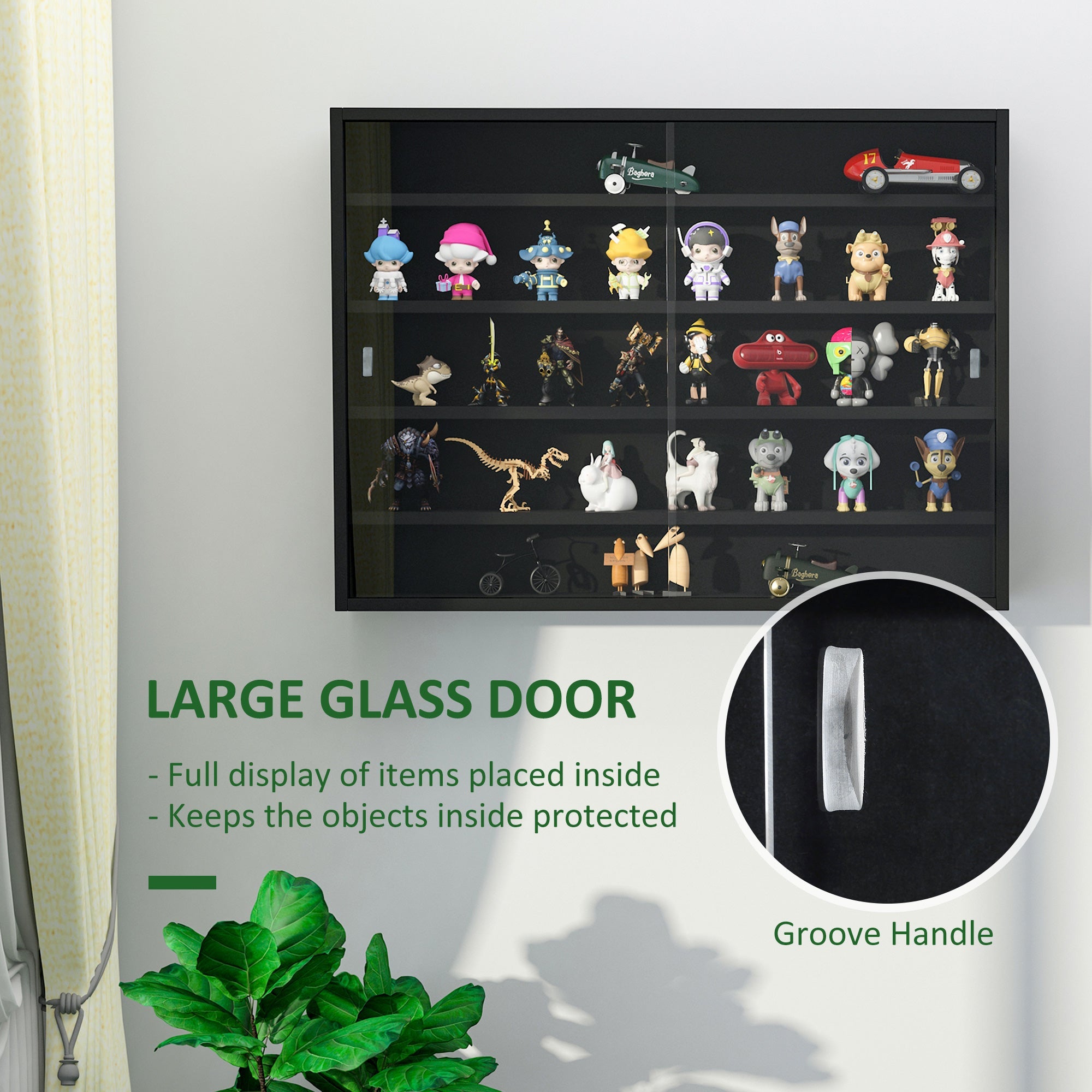 HOMCOM Display Delight: Unique 5-Tier Wall Shelf Cabinet with 2 Glass Doors, 4 Adjustable Shelves, Perfect for Home Decor, Black Finish 