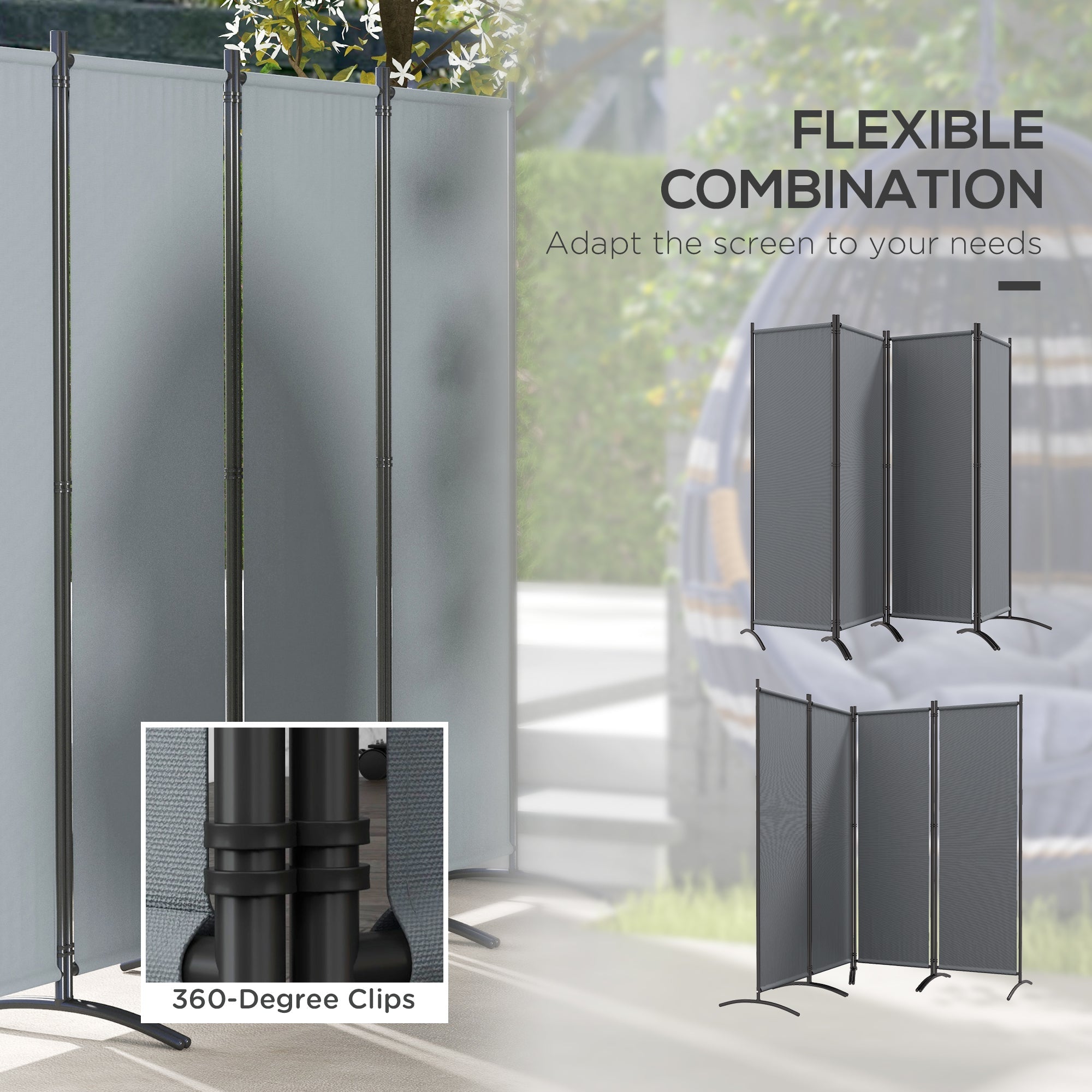 Outsunny Folding Room Divider, Privacy Screen for Patio Backyard Pool Hot Tub, 5.6FT Tall, Dark Grey 