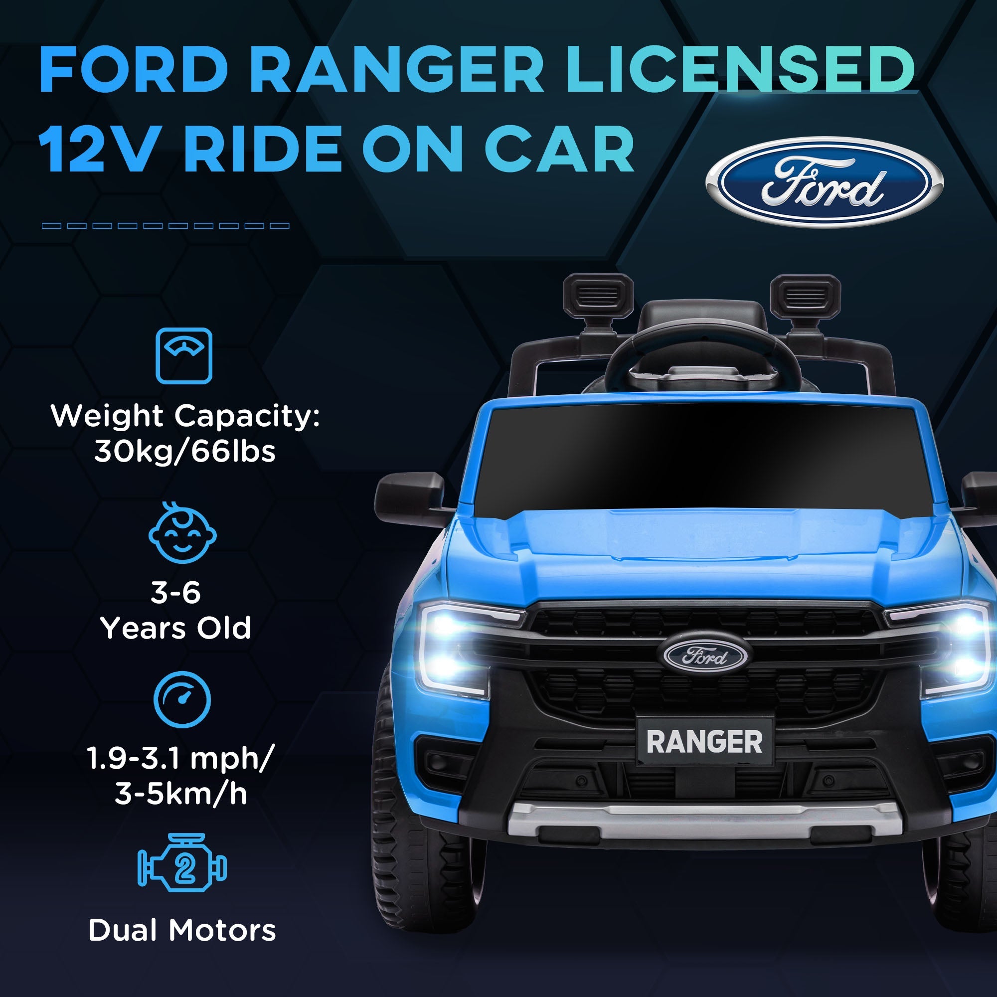 Qaba Ford Ranger Licensed 12V Ride on Car Battery Powered Kids Truck w/ Rear Storage Remote, Spring Suspension, Blue 