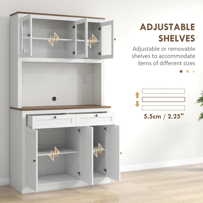 71" Kitchen Pantry Cabinet Small Glass-Door Dining Cabinet with Drawers Adjustable Shelves Microwave Space White