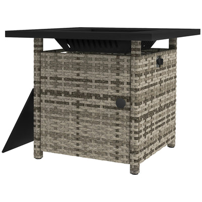 Outsunny Outdoor PE Rattan Propane Fire Pit Table, 50,000 BTU Pulse-Ignition Wicker Fire Table with Glass Wind Guard, Mixed Grey 
