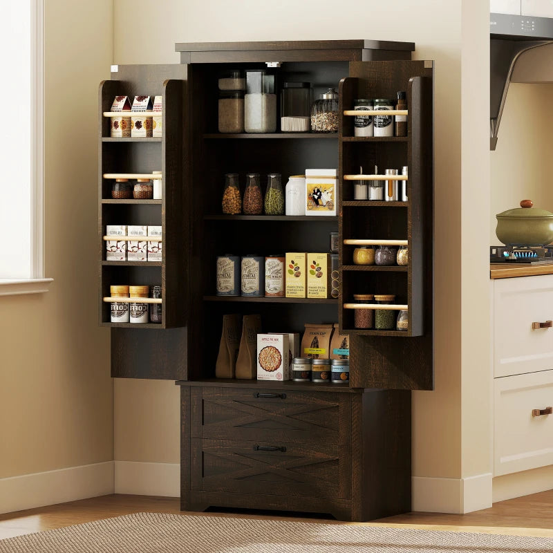 64" Farmhouse Kitchen Pantry Storage Cabinet, two 4-tier door shelves for spice bottles with 2 Drawers, Adjustable Shelf, Distressed Dark Brown