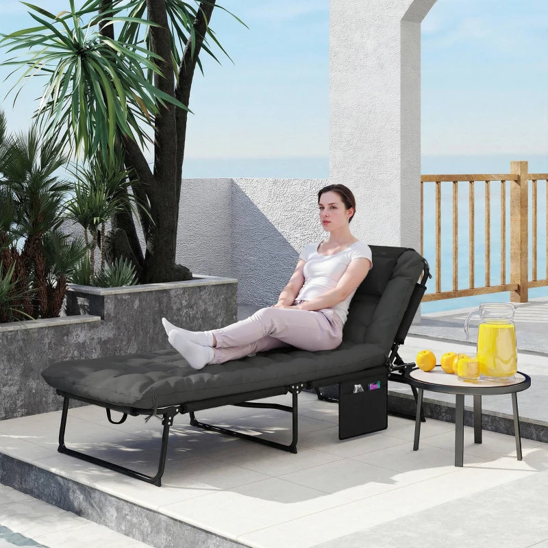 Folding Lounge Chair with 4-level Reclining Back & Cushion, Dark Grey