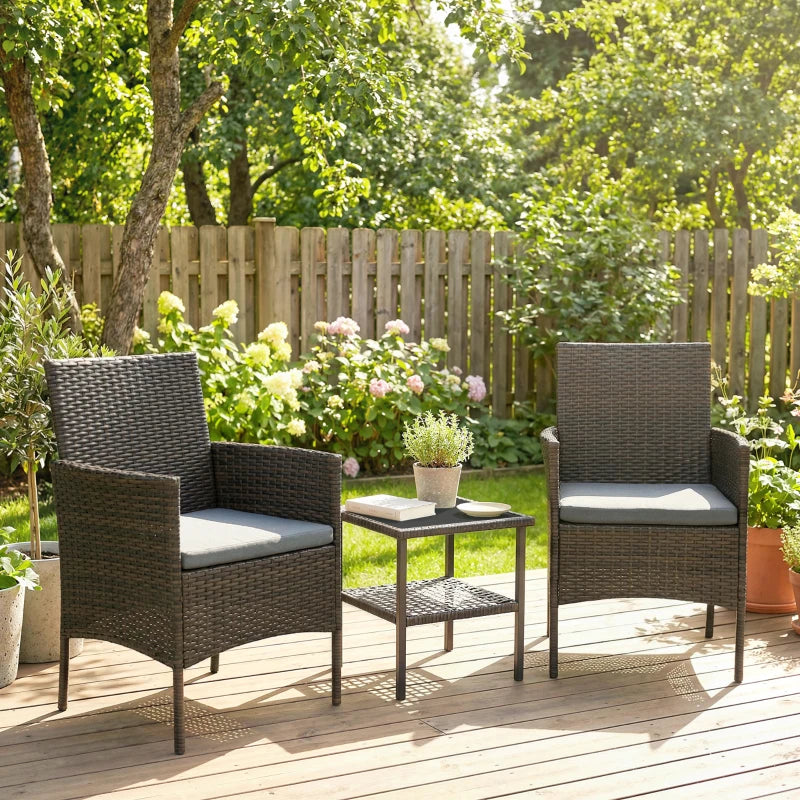 Wicker Bistro Set, 3 Piece Patio Furniture Set with 2-Tier Glass Top Table, Cushions for Balcony, Porch, Dark Grey