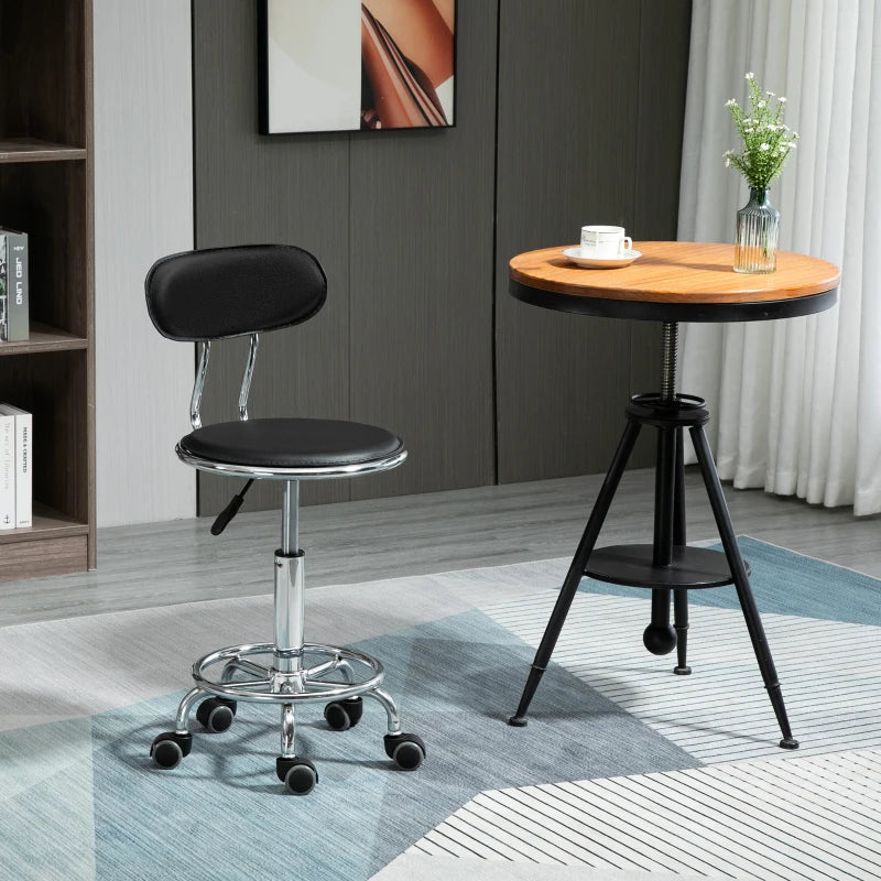 Faux Leather Salon Stool, Height Adjustable Rolling Stool with Footrest Ring, Back and Wheels for Beauty, Tattoo, Black
