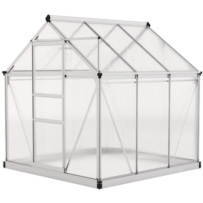 Outsunny 6' x 6' x 6.6' Polycarbonate Greenhouse, Walk-In Green House Kit Garden, Plants Grow, Galvanized Sheet Aluminum Frame with Rain Gutter, Vent and Sliding Door, Silver 
