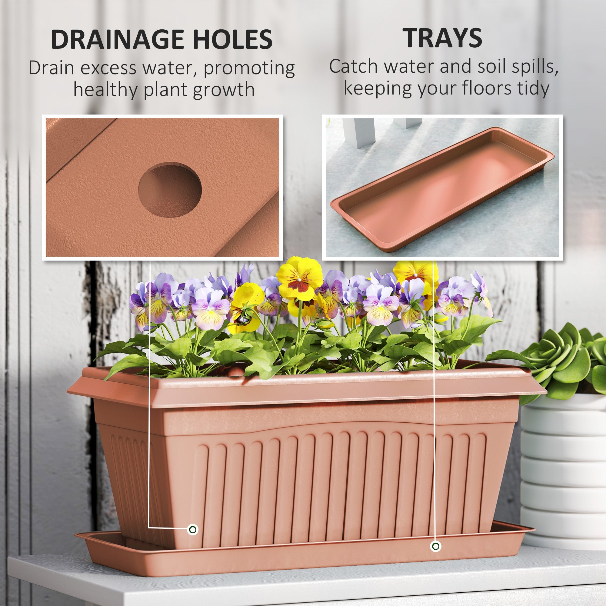 Outsunny 7 Pack 15.7" Plastic Flower Planters with Drainage Holes and Trays, Plant Pots for Indoor Outdoor Plants, Brown 