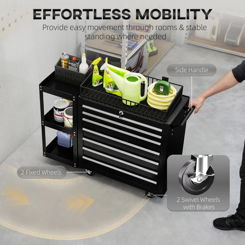 7-Drawer Rolling Tool Chest with Detachable Side Shelf, Lockable Tool Cabinet Box Organizer with Wheels, Black