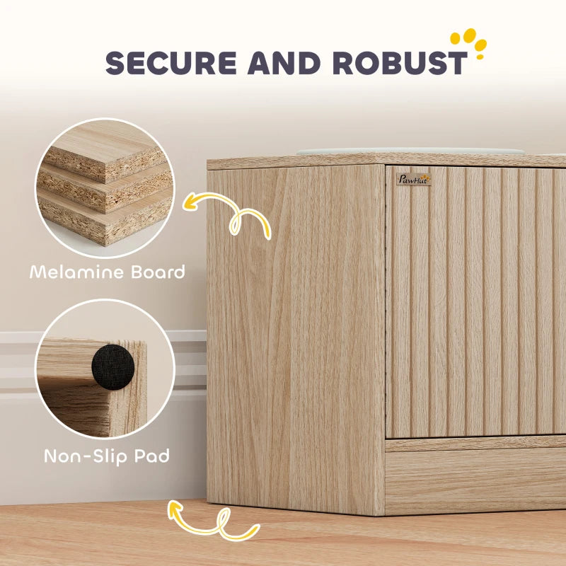 Raised Dog Bowls with Storage, Slow Feeder,  2 Stainless Steel Food and Water Bowl Non-Slip, Oak