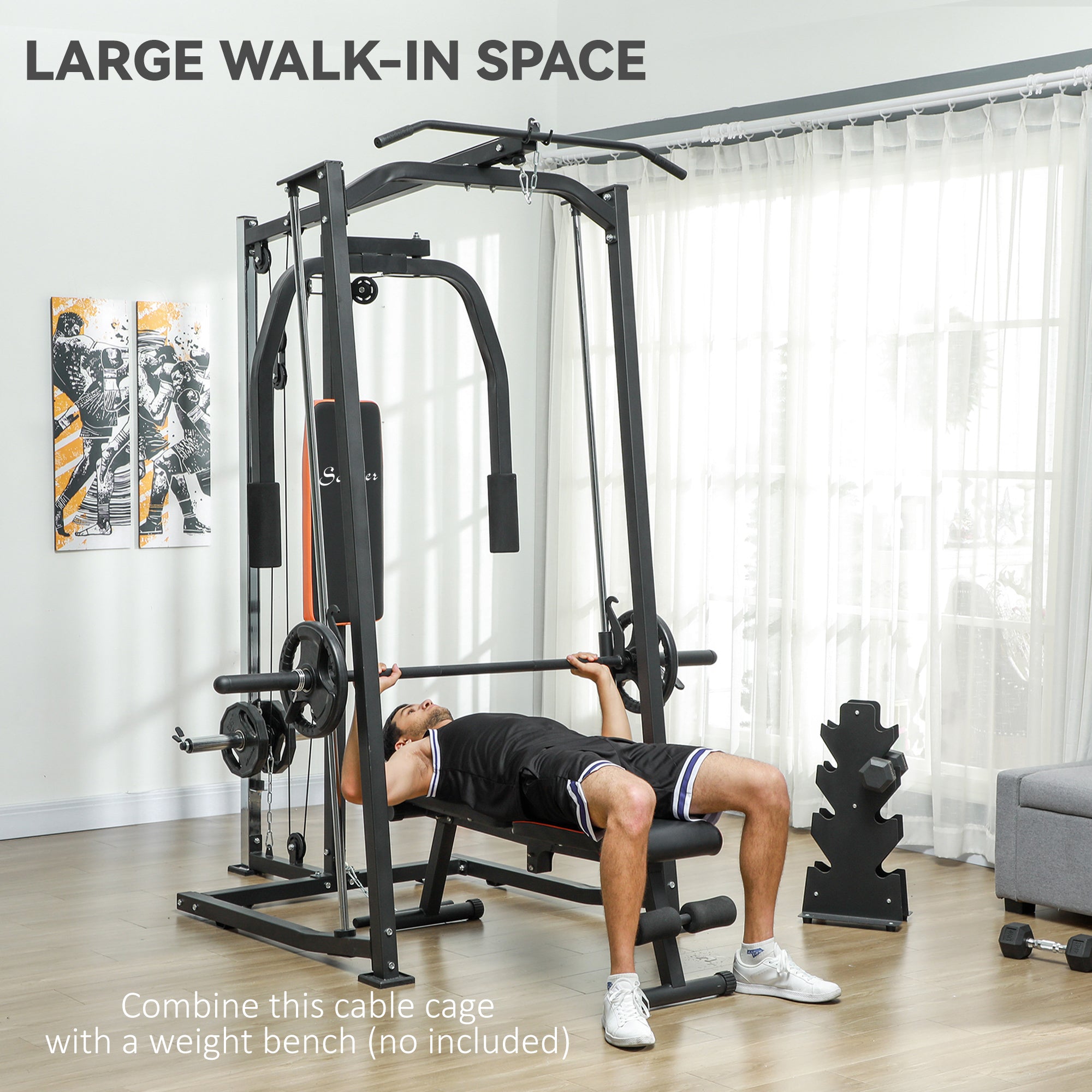 Soozier 3 In 1 Smith Machine with Dual Cable Pulley System, Chest Press Station, 17-Level Squat Rack and Barbell Bar 