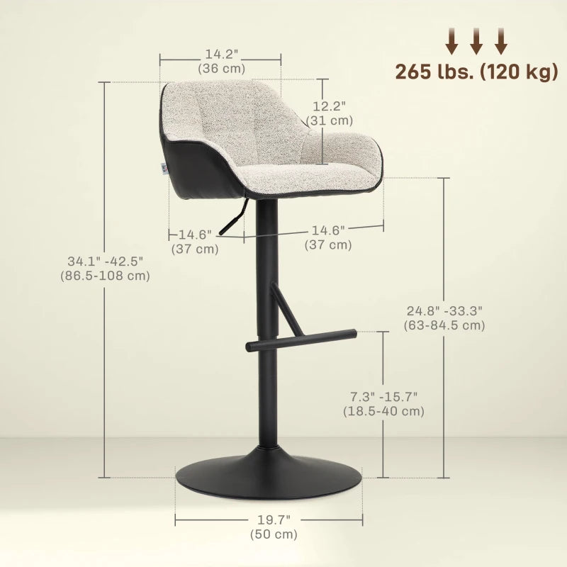 Bar Stools Set of 2, Swivel Counter Height Barstools with Back, Footrest, Armrests, Adjustable Height, Light Grey