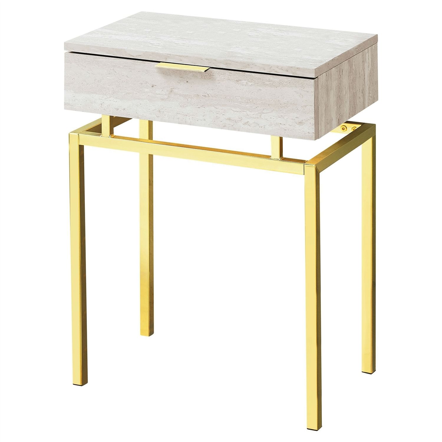 24in Modern End Table 1 Drawer Nightstand Beige Marble Gold Legs - Free Shipping