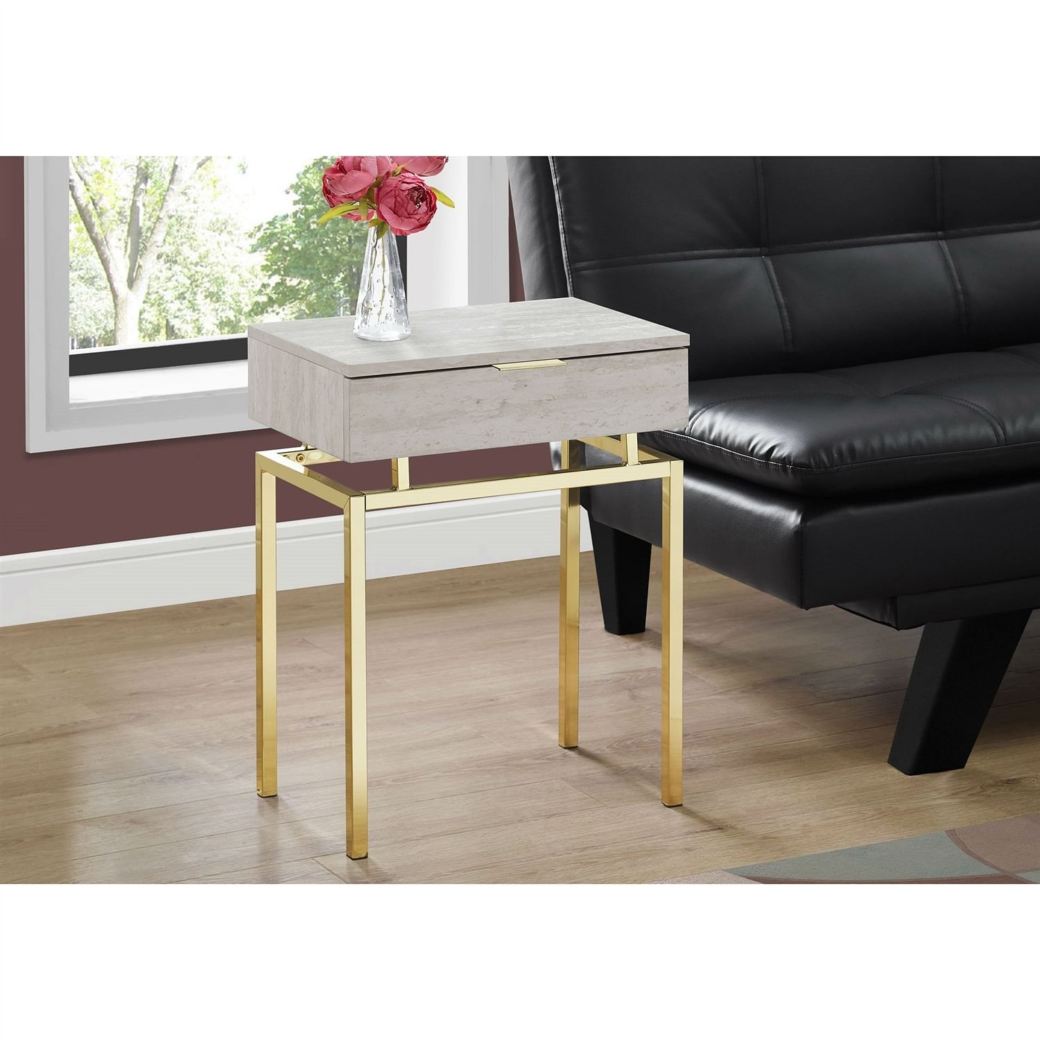 24in Modern End Table 1 Drawer Nightstand Beige Marble Gold Legs - Free Shipping