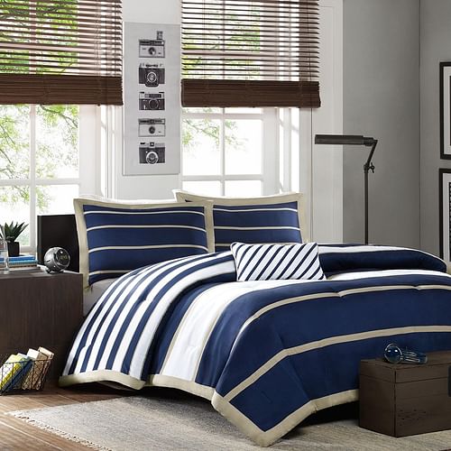 Full / Queen size Comforter Set in Navy Blue White Khaki Stripe - Free Shipping