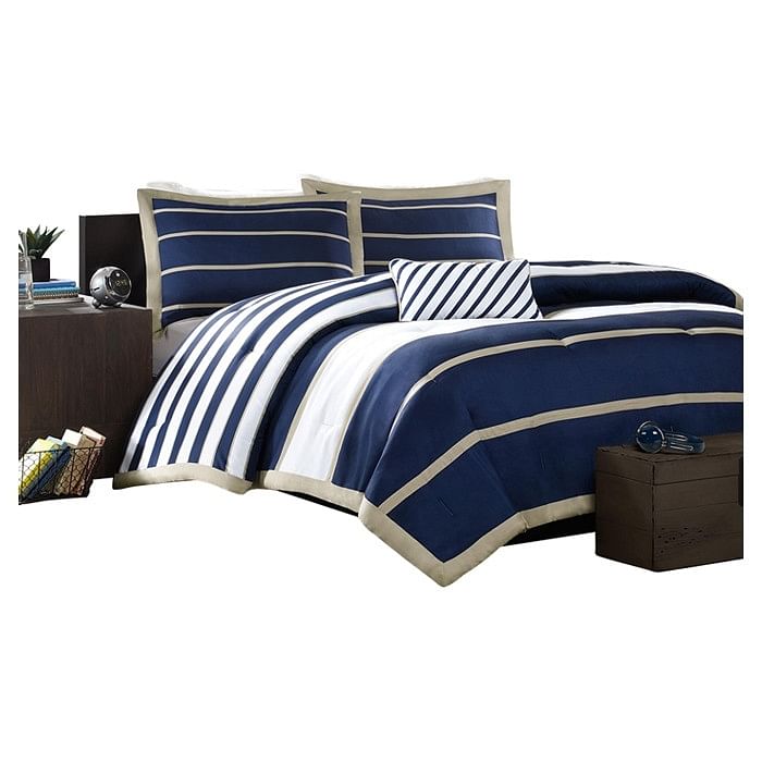 Full / Queen size Comforter Set in Navy Blue White Khaki Stripe - Free Shipping