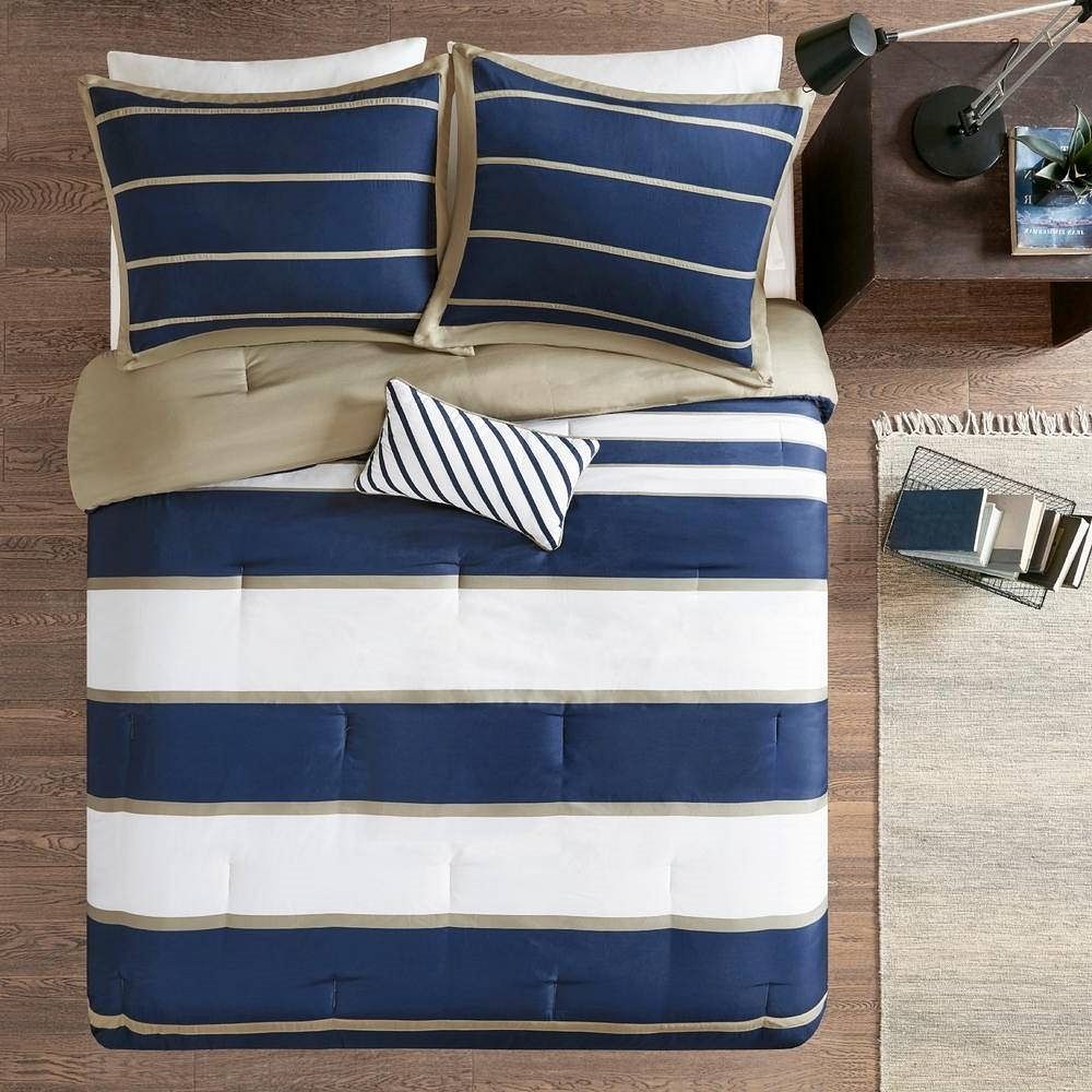 Full / Queen size Comforter Set in Navy Blue White Khaki Stripe - Free Shipping