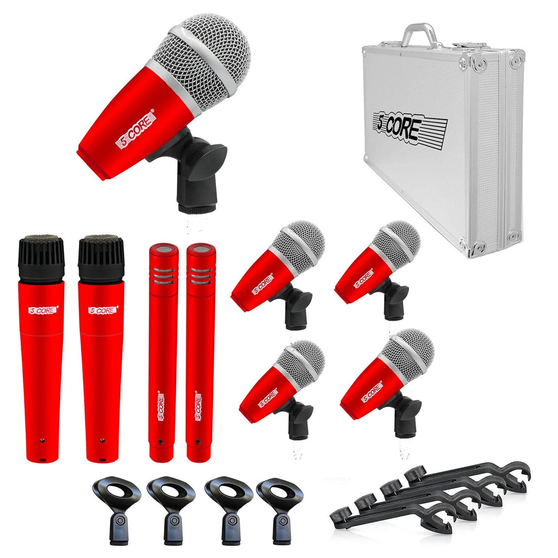 5Core Drum Mic Kit 9 Pcs Kick BassTom Snare Dynamic Mics Instrument Microphone Set RED