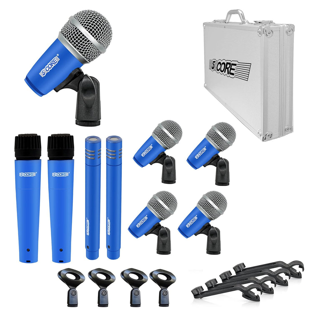 5Core Drum Mic Kit 9 Pcs Kick BassTom Snare Dynamic Mics Instrument Microphone Set BLUE