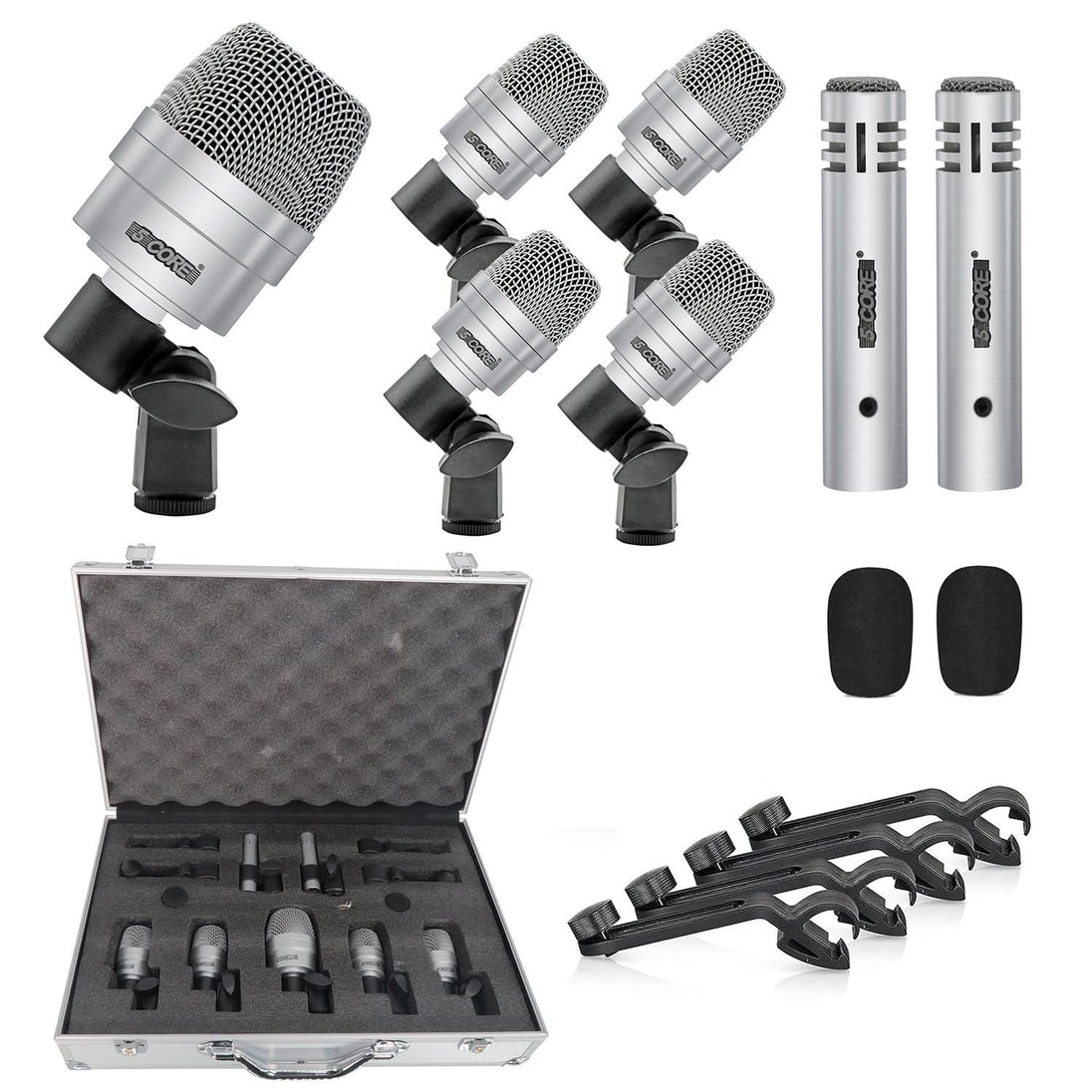 5Core Drum Mic Kit 7 Pcs Kick BassTom Snare Dynamic Microphone Instrument Mics Set Silver