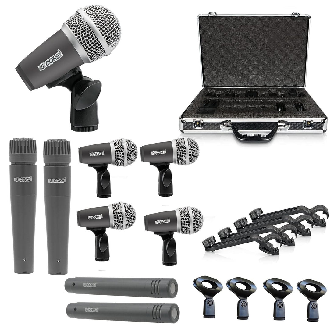 5Core Drum Mic Kit 9 Pcs Kick BassTom Snare Dynamic Mics Instrument Microphone Set GREY