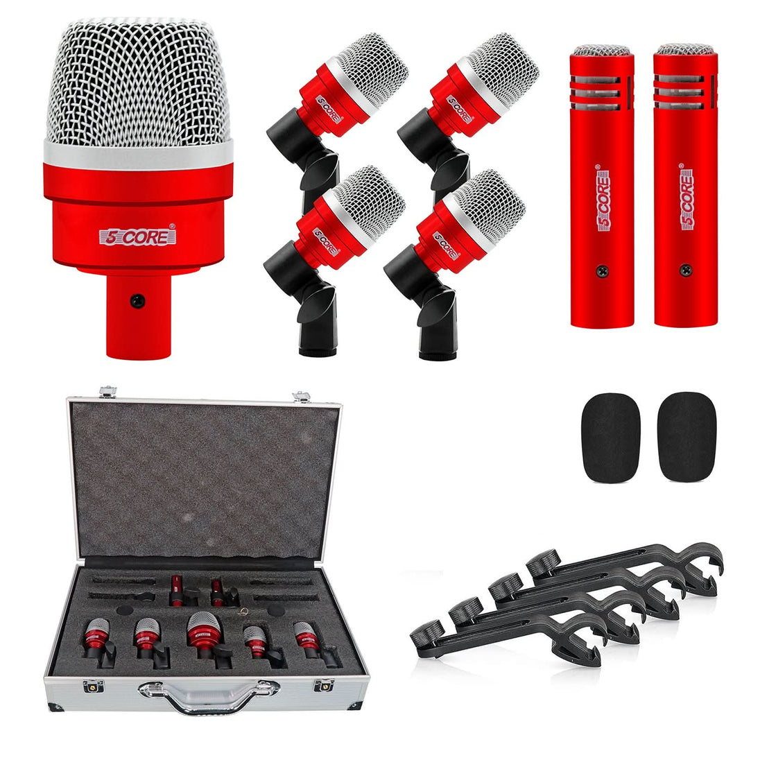 5Core Drum Mic Kit 7 Pcs Kick BassTom Snare Dynamic Microphone Instrument Mics Set Red