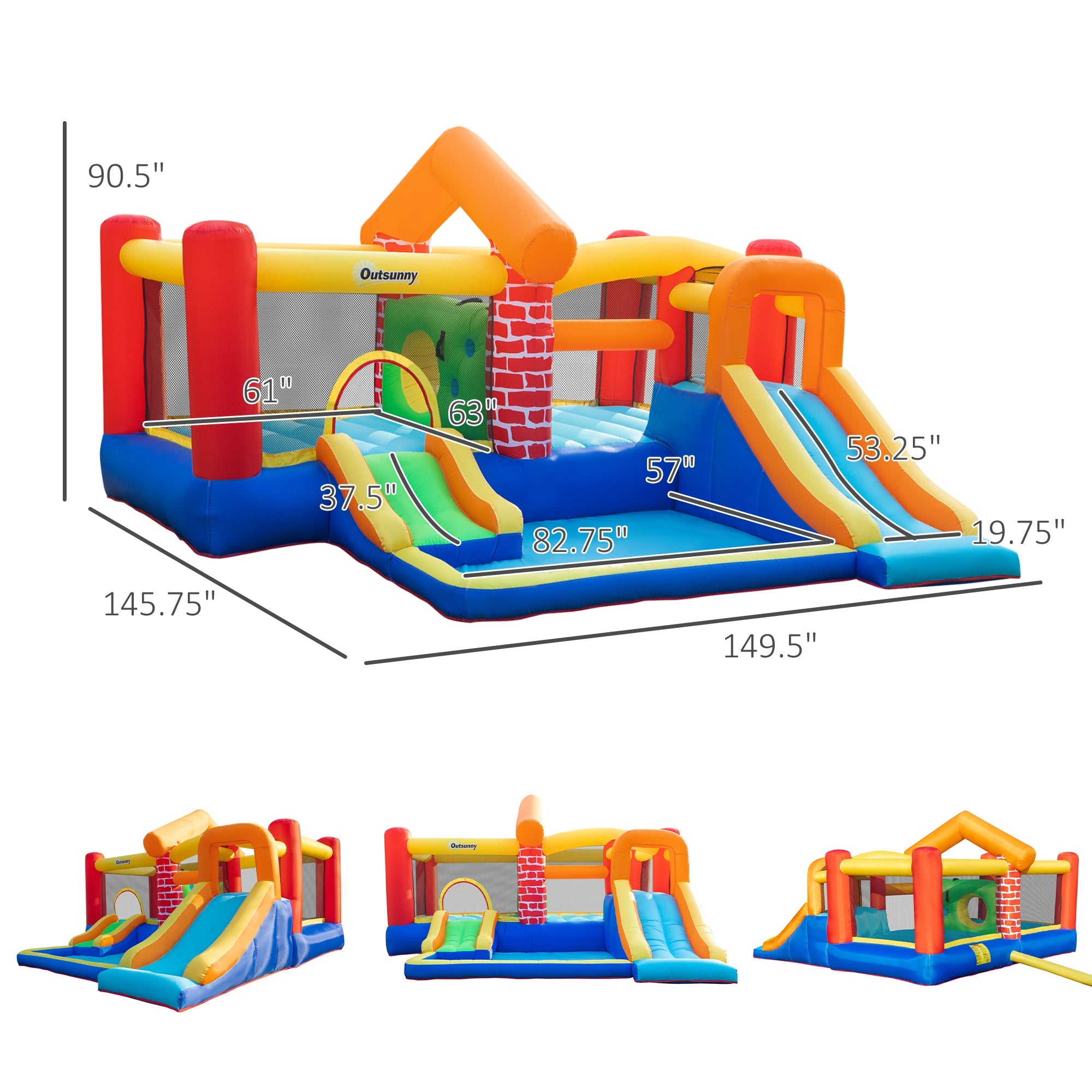 Outsunny 4-in-1 Castle Bounce House for Kids Extra Large Dual Slides Trampoline Carry Bag Air Blower 