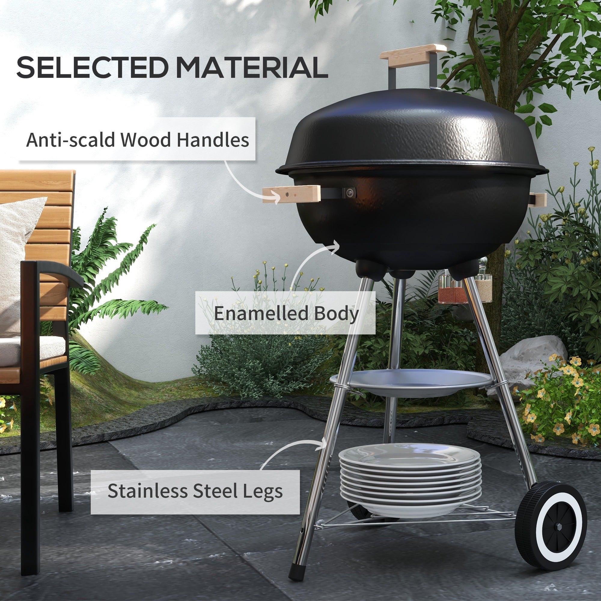 Outsunny Steel Portable Charcoal BBQ Grill Outdoor Camp Cooker with Lid Vents Wheels Storage Shelf Black 