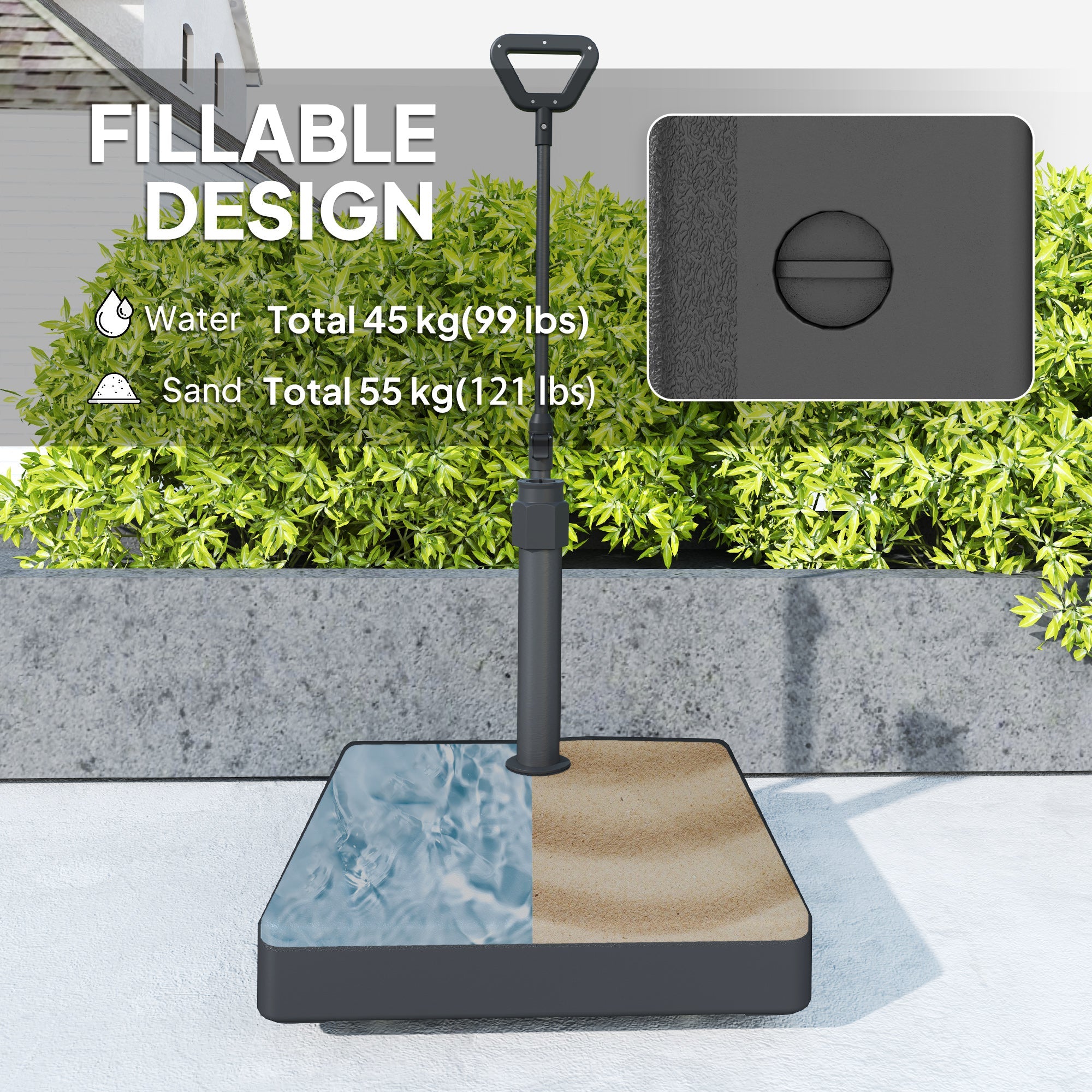 Outsunny Patio Umbrella Base with Adjustable Wheels and Handle, Outdoor Patio Umbrella Stand, Filled Up to 121lbs with Stand, 99lbs with Water for Garden Poolside, Black 
