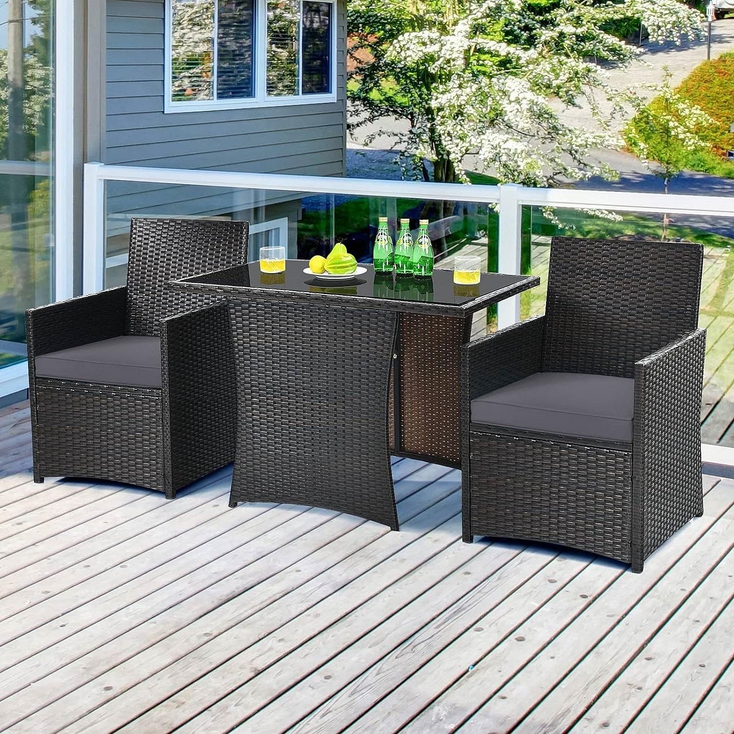 3-Piece Outdoor Patio Furniture Bistro Dining Set in Brown Grey PE Rattan - Free Shipping