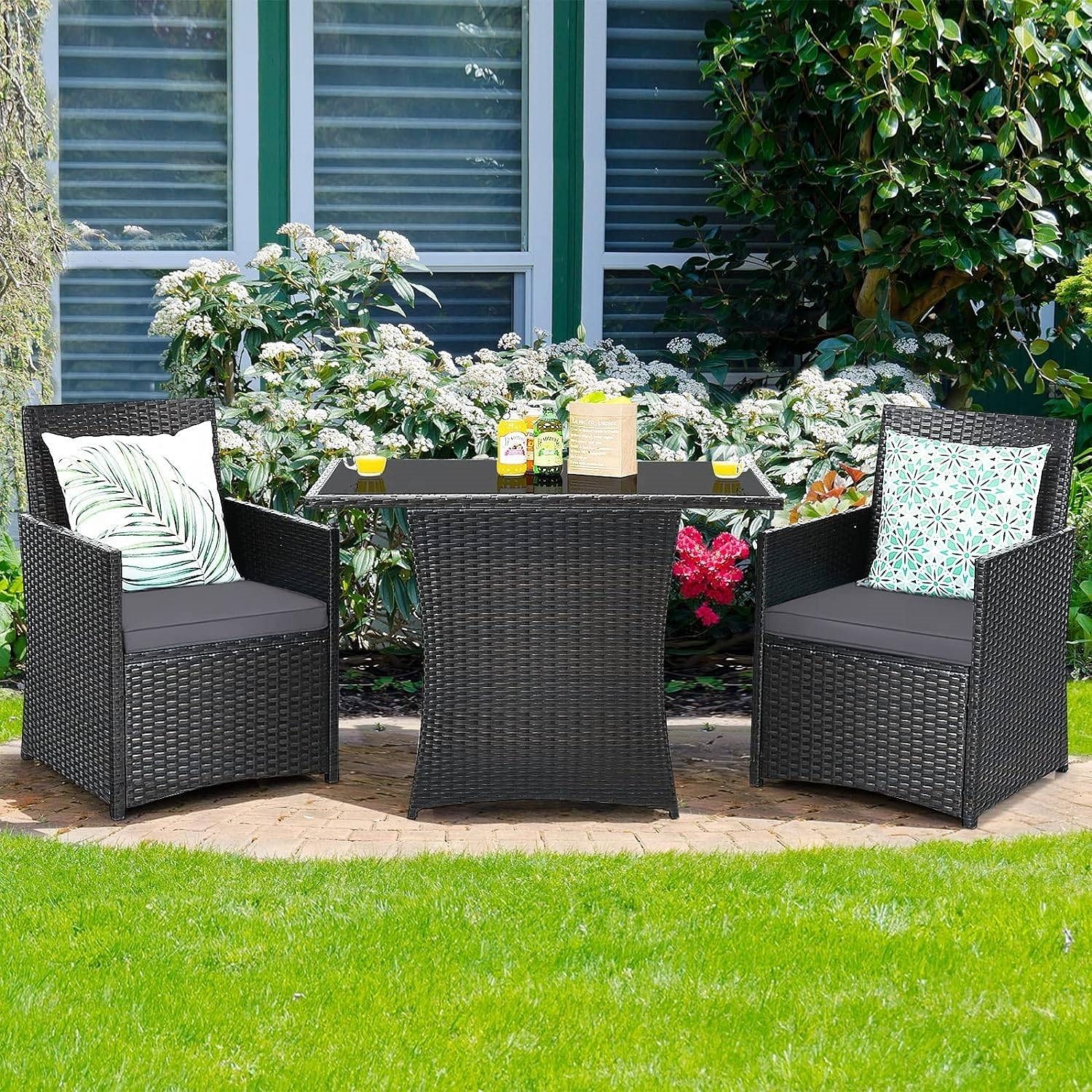 3-Piece Outdoor Patio Furniture Bistro Dining Set in Brown Grey PE Rattan - Free Shipping