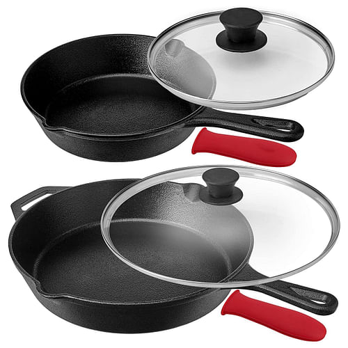 MegaChef Pre-Seasoned 6 Piece Cast Iron Skillet Set with Lids and Red Silicone Holders - Free Shipping