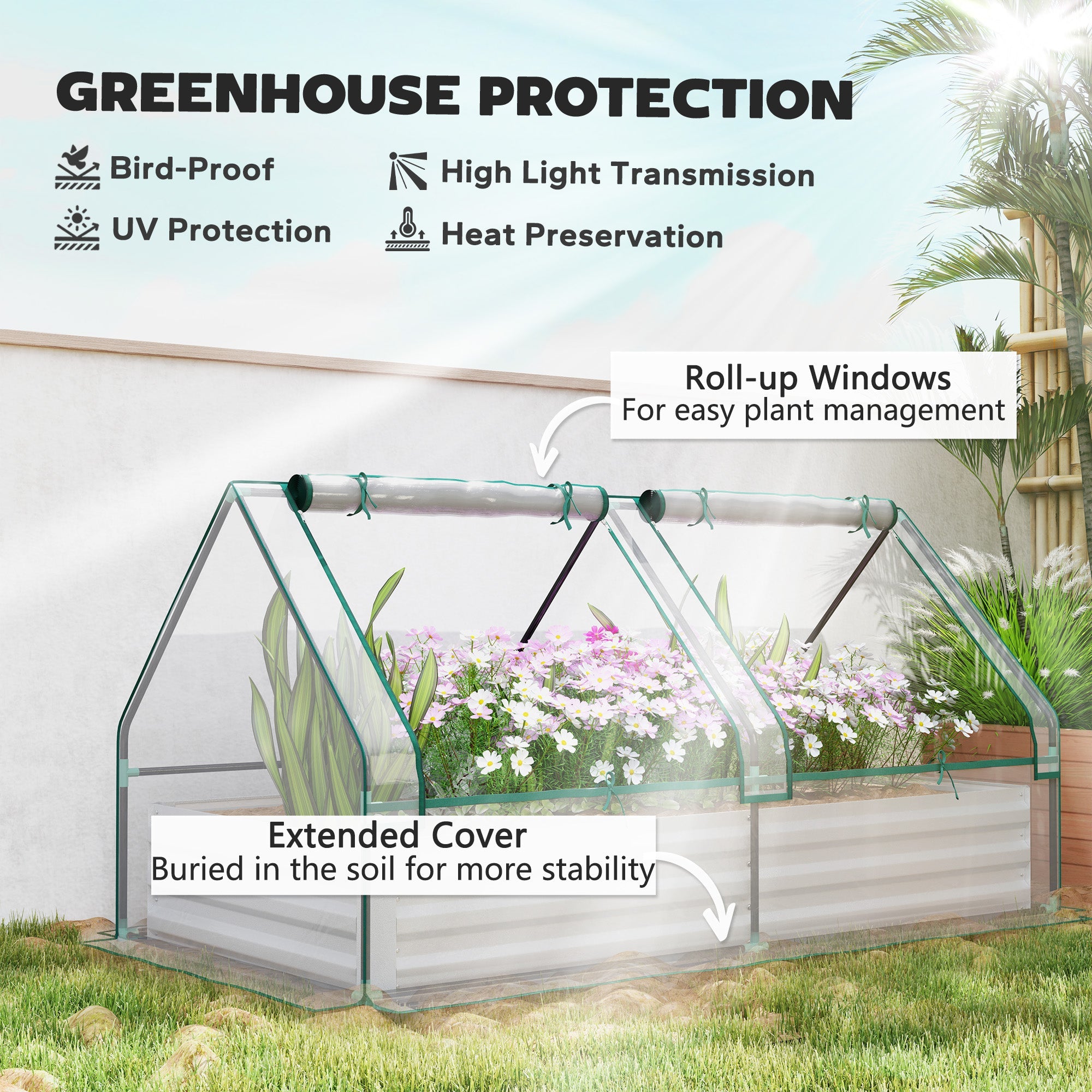 Outsunny 6' x 3' Metal Planter Box with Cover, Raised Garden Bed with Mini Greenhouse for Herbs, Vegetables, Clear and Silver 