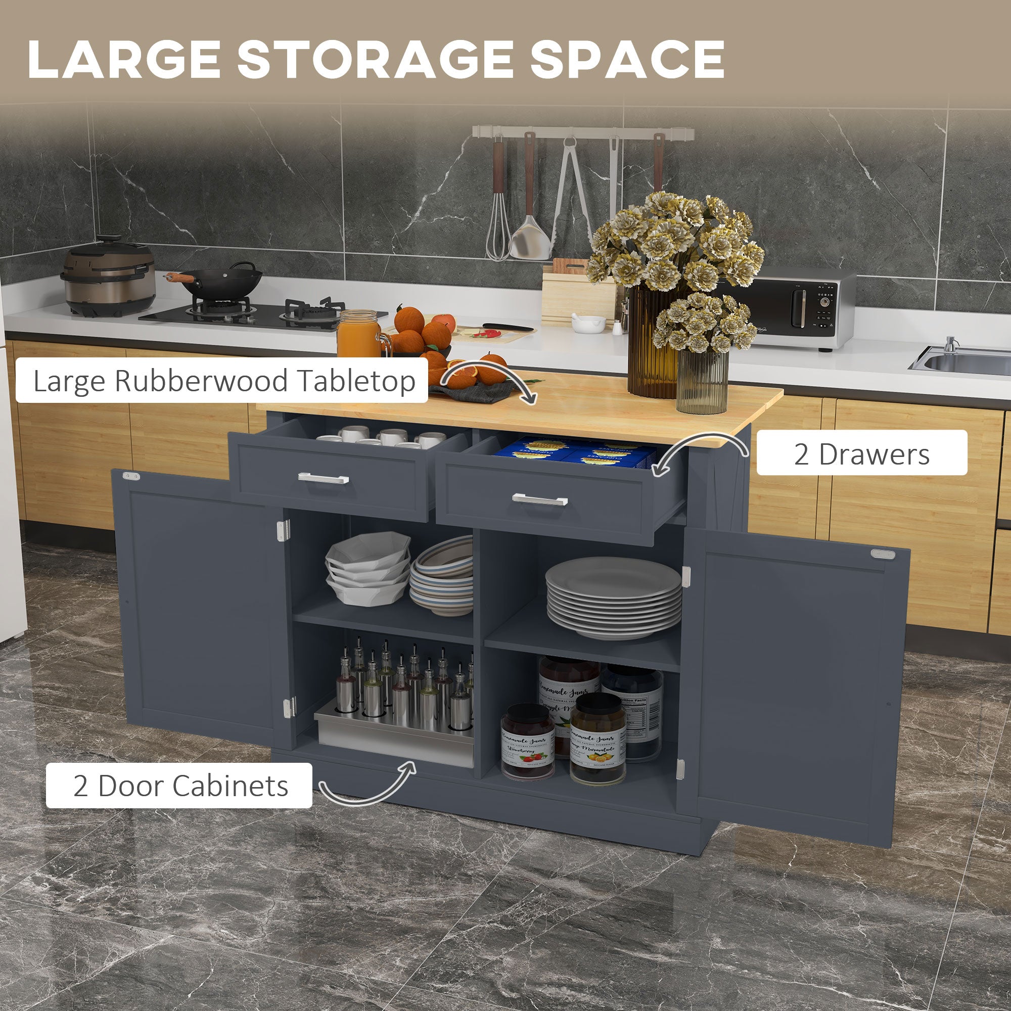 HOMCOM Slate Grey Galley Genius: Rubberwood Kitchen Island with Beadboard, Rolling Cart, 2 Drawers, Adjustable Shelves for Storage 