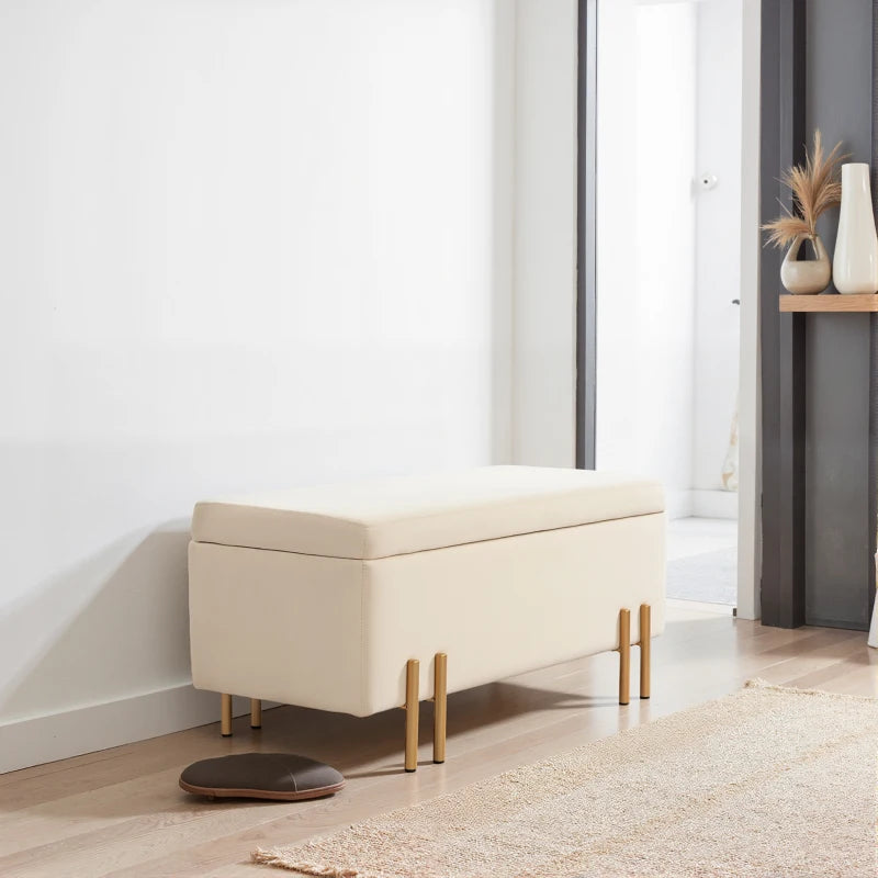 Storage Ottoman Bench, Flip-Top Bedroom Bench, 18.5 Gallons, Modern Velvet Storage Chest with Metal Legs, Beige