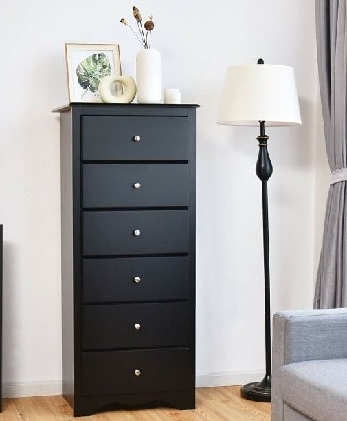 Modern Black 6 Drawer Tall Wood Dresser Chest - Free Shipping 