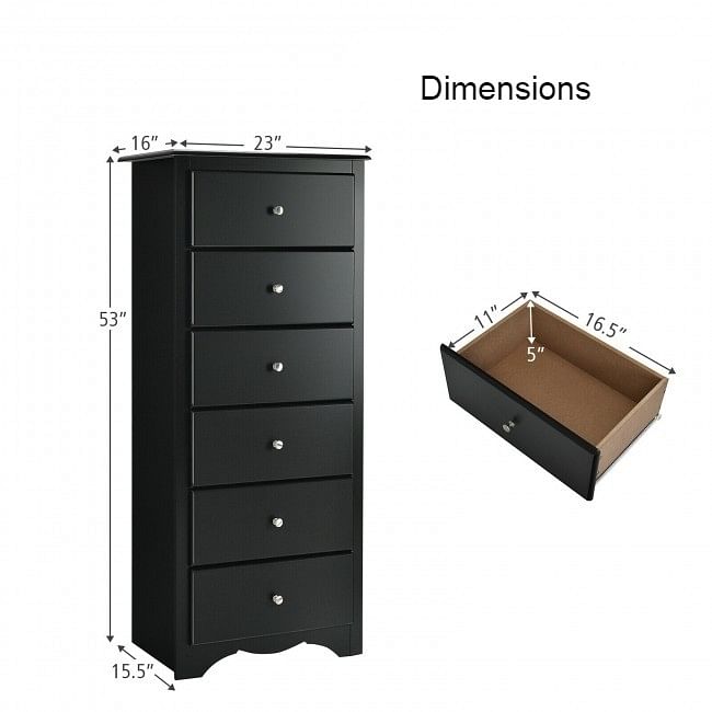 Modern Black 6 Drawer Tall Wood Dresser Chest - Free Shipping 