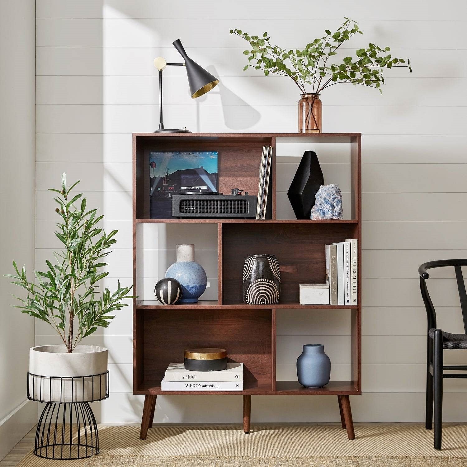 Mid Century Style Bookcase Storage Shelving Unit in Walnut Wood Finish - Free Shipping 