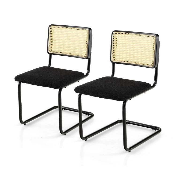 Set of 2 - Modern Mid-Century Black Dining Chair with Beige Rattan Backrest - Free Shipping