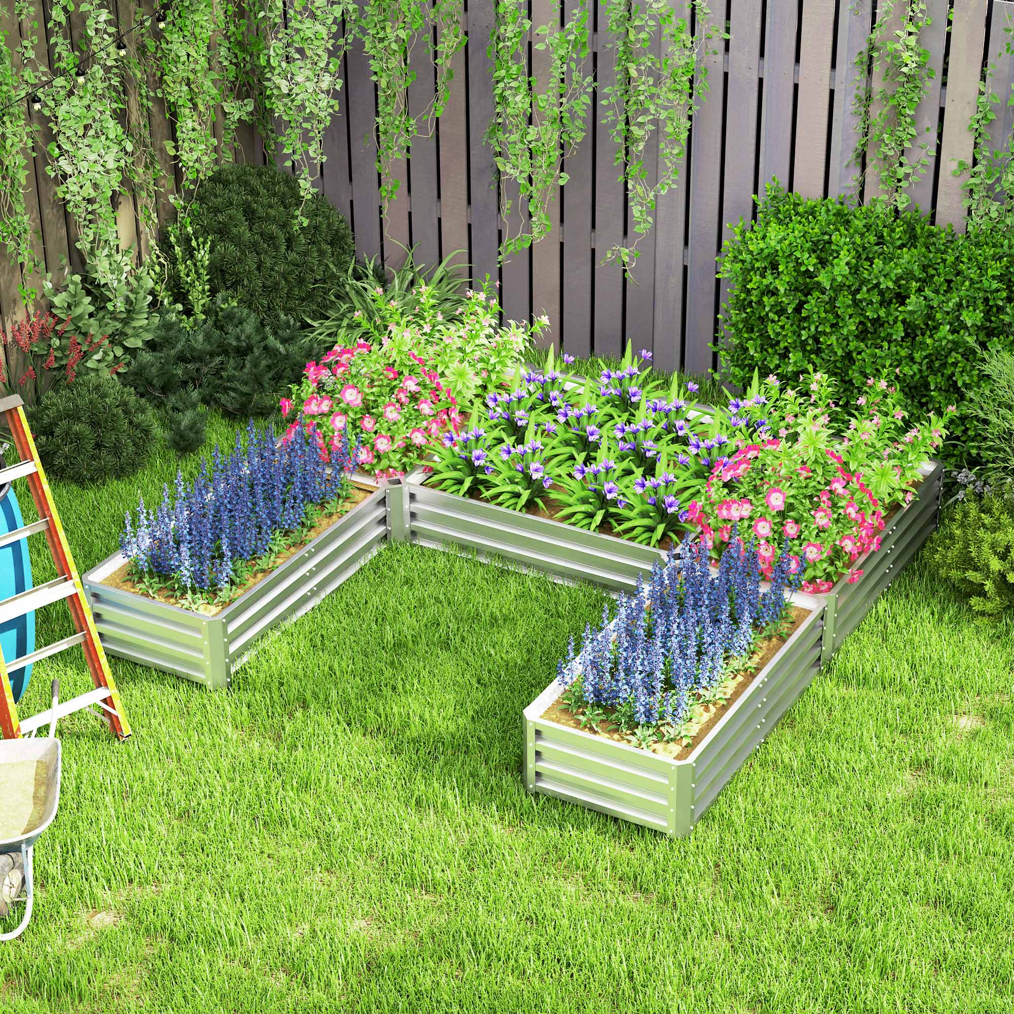 Outsunny Steel Raised Garden Bed, Set of 5 Large Box Planters for Outdoor Plants Vegetables Flowers Herbs, 8x8x1ft, Silver 