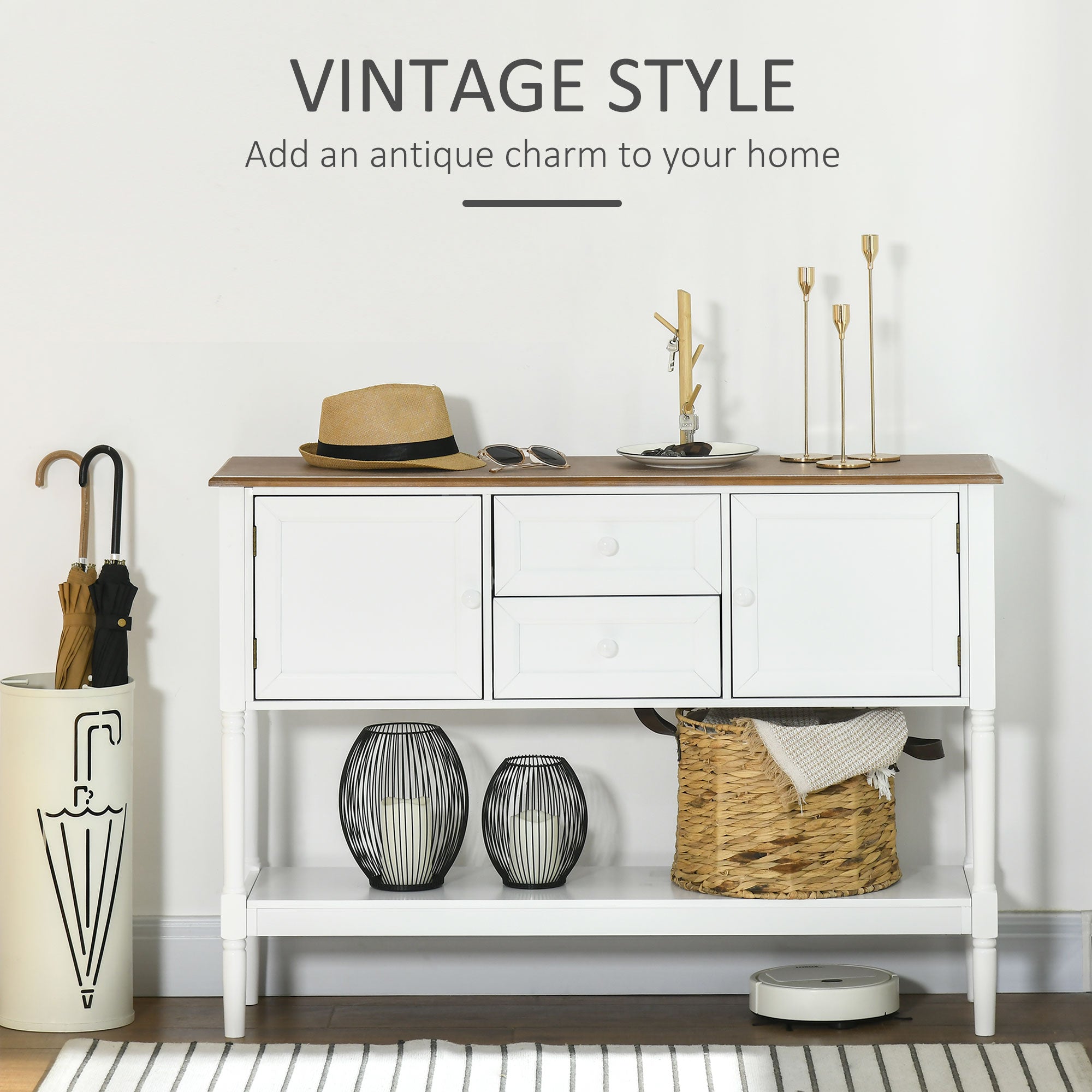 HOMCOM Retro Console Table: Vintage Sofa Table with Drawers & Cabinets, Entryway/Living Room/Bedroom, White 