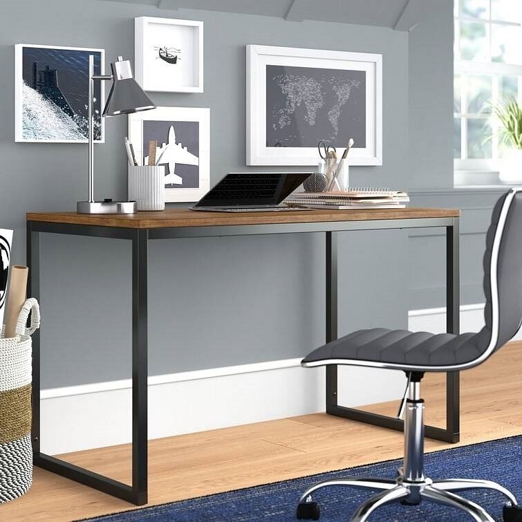Modern Home Office Desk with Black Metal Frame and Brown Wood Top - Free Shipping 