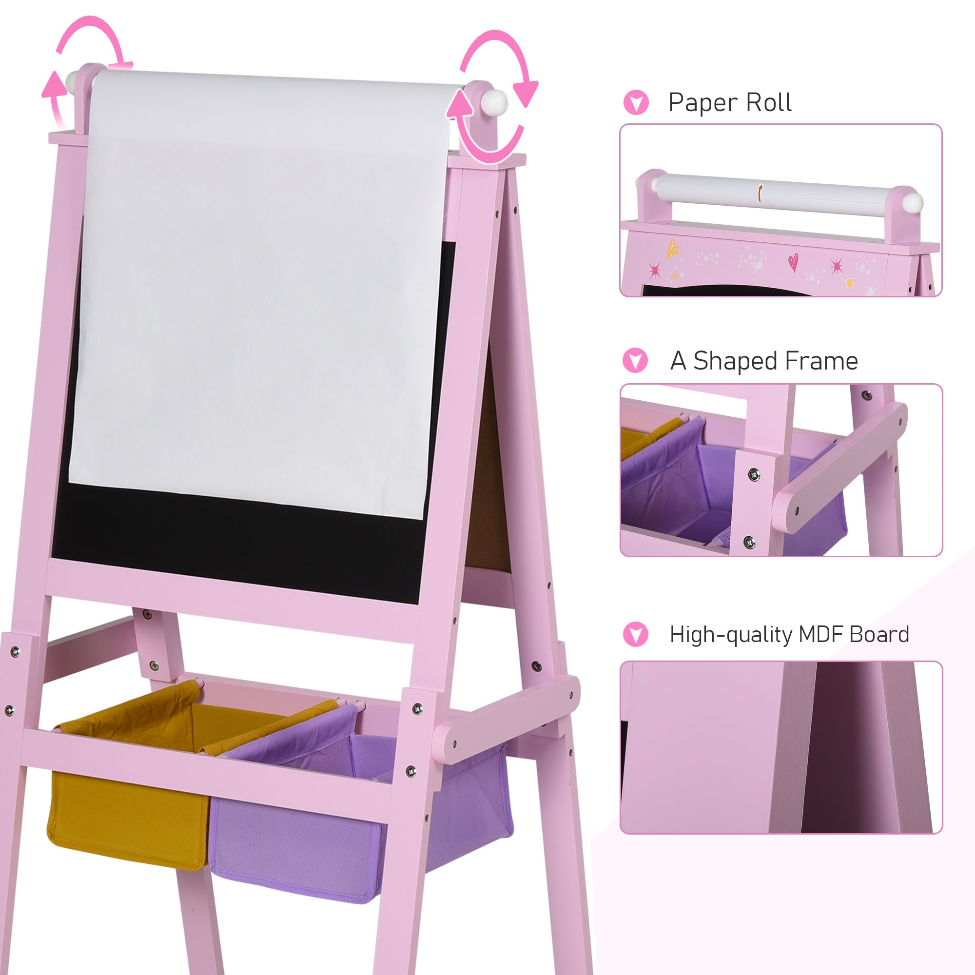 Qaba 3 In 1 Kids Wooden Art Easel w/ Paper Roll Double-Sided Chalkboard Whiteboard with Storage Baskets Gift for Toddler Age 3+ Pink 